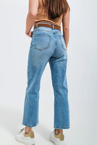 High waisted straight leg jean with heart print in mid wash - Jeans