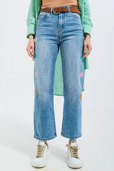 High waisted straight leg jean with heart print in mid wash - Jeans