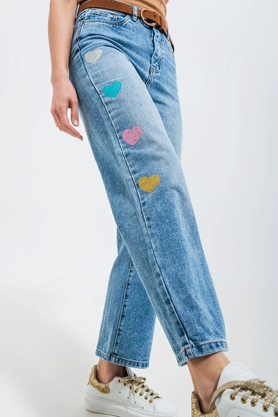 High waisted straight leg jean with heart print in mid wash - Jeans