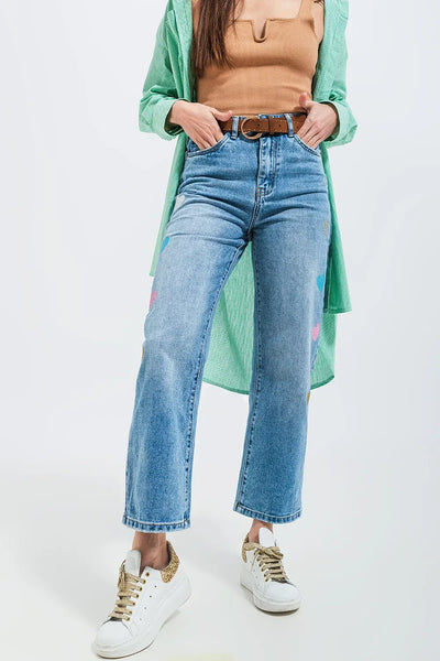 High waisted straight leg jean with heart print in mid wash - Jeans