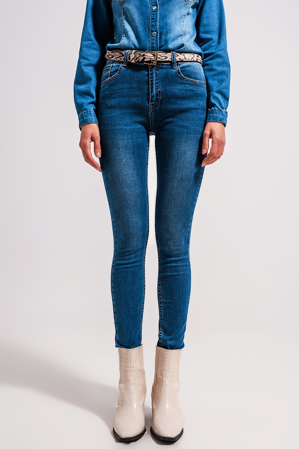 Q2 High waisted stretch skinny jeans in mid wash blue