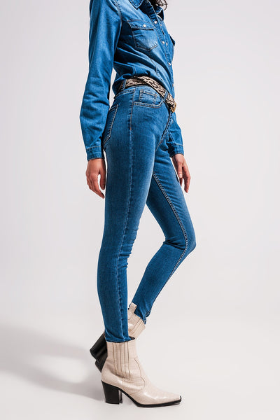 High waisted stretch skinny jeans in mid wash blue