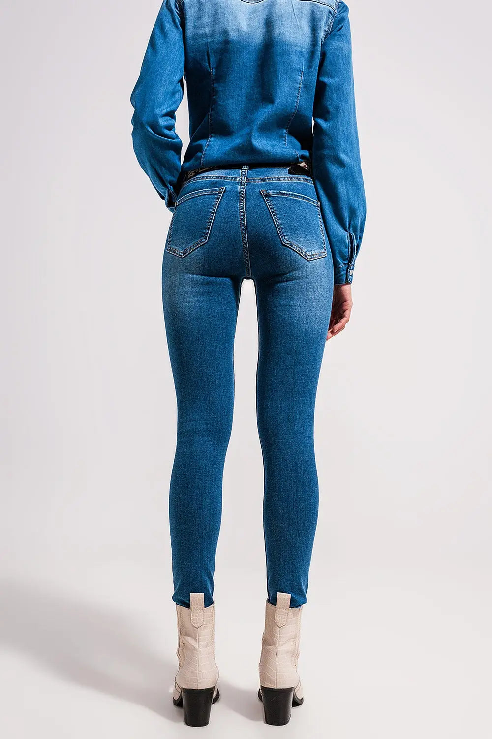 High waisted stretch skinny jeans in mid wash blue - Jeans