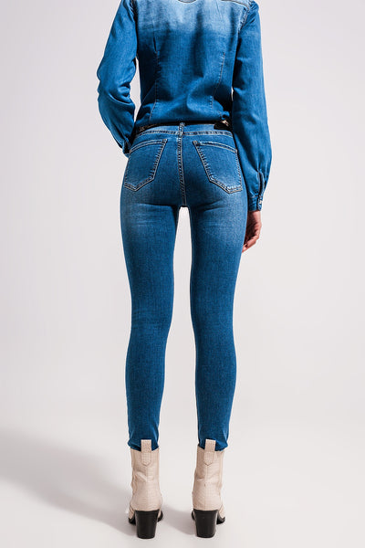 High waisted stretch skinny jeans in mid wash blue