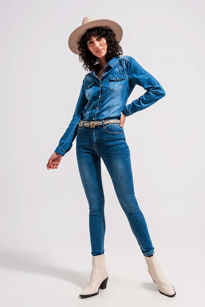 High waisted stretch skinny jeans in mid wash blue - Jeans