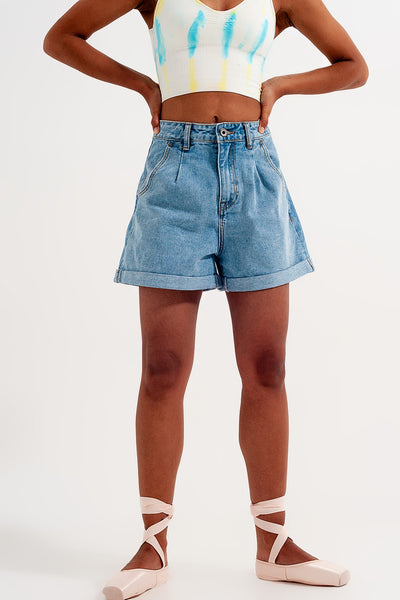 High waisted turn up denim shorts in blue