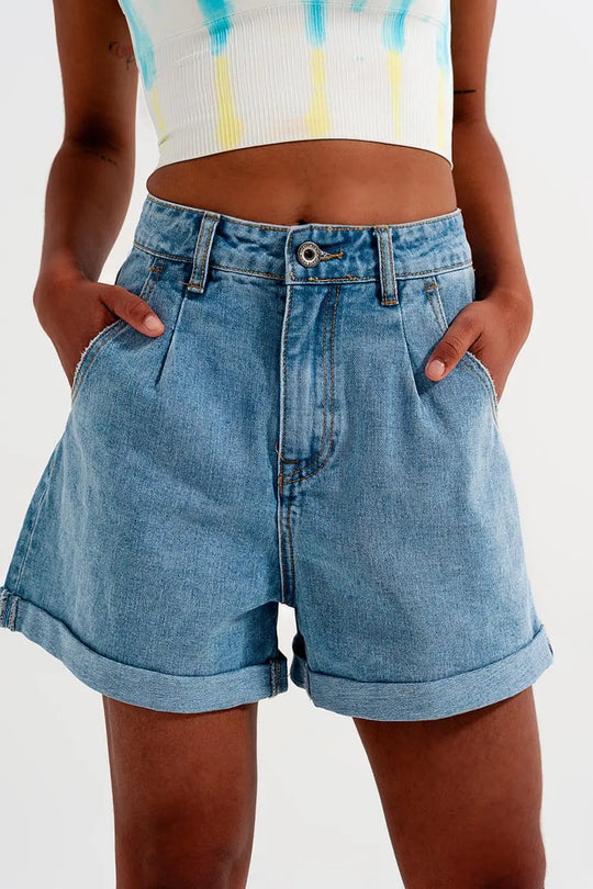 High waisted turn up denim shorts in blue - Jeans