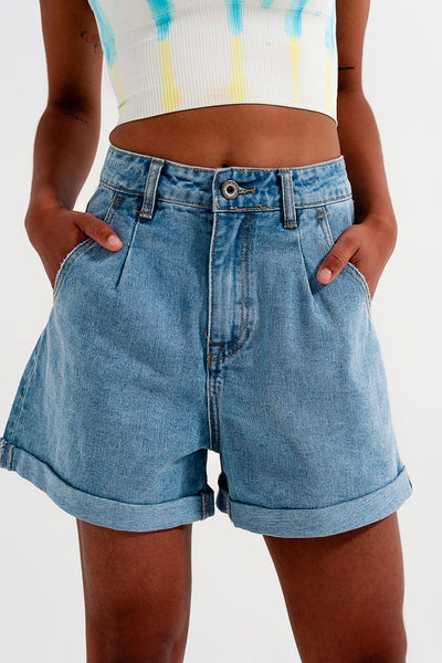 High waisted turn up denim shorts in blue