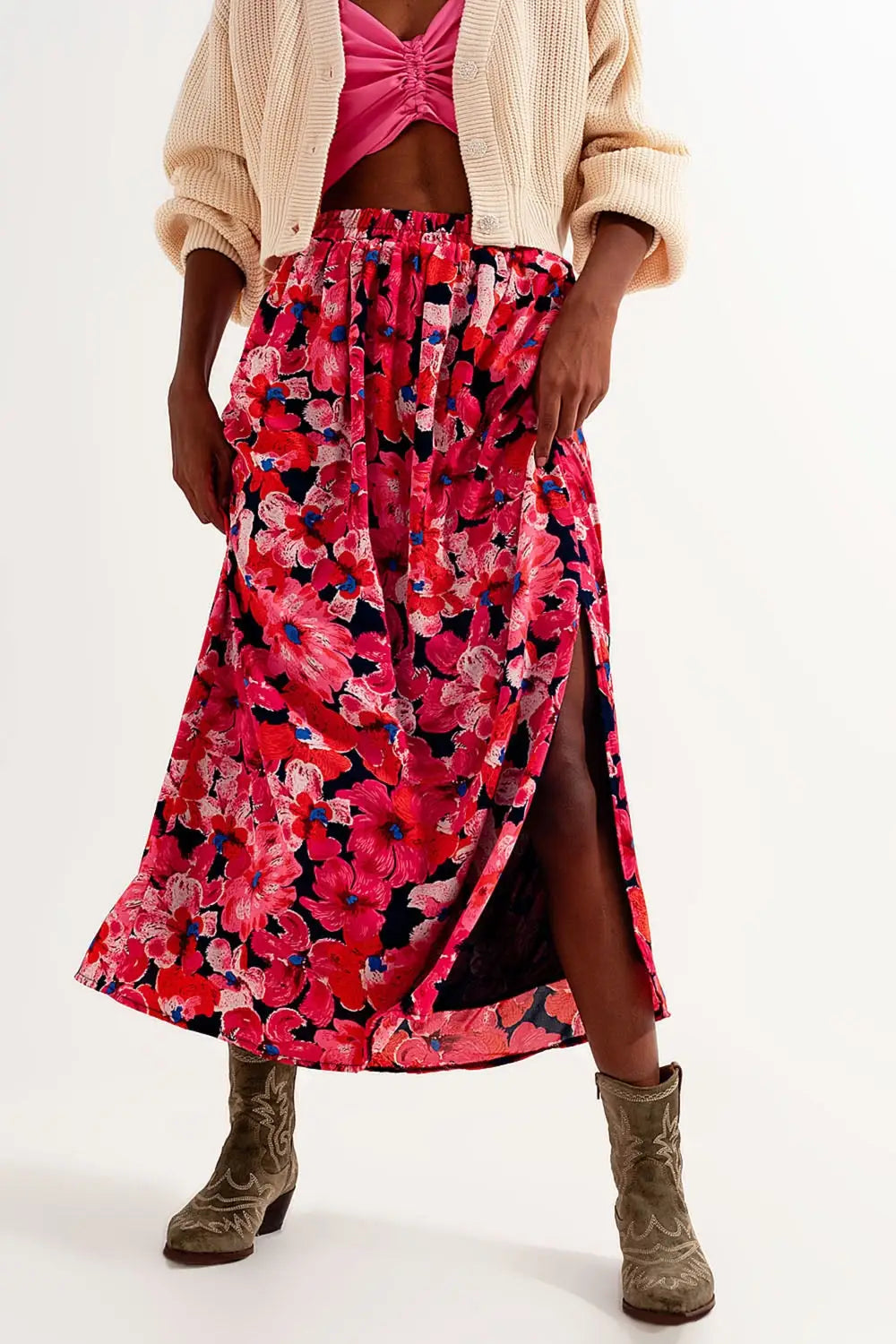 Hot pink floral print skirt - Skirts