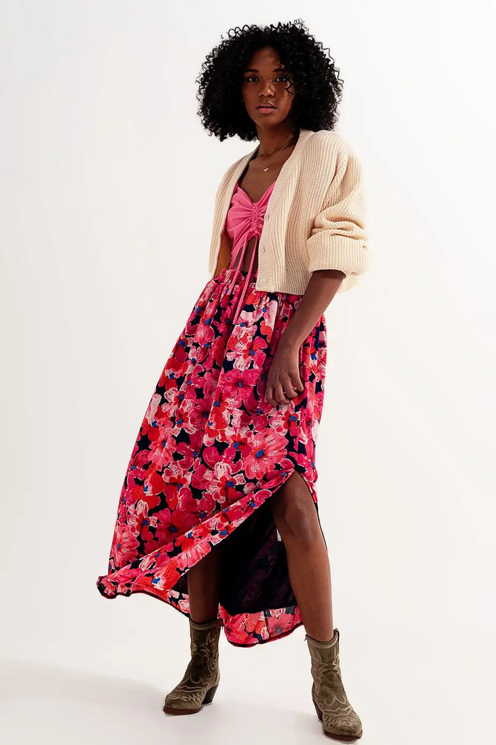 Hot pink floral print skirt - Skirts