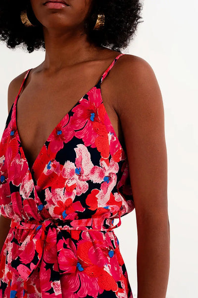 Hot pink short dress with flower print and straps - Dresses