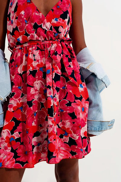 Hot pink short dress with flower print and straps - Dresses