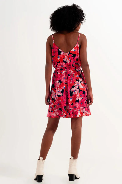 Hot pink short dress with flower print and straps - Dresses