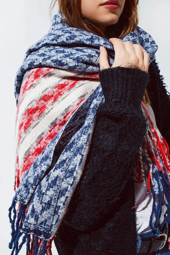 Houndstooth style americana Scarf in White Red and Blue - One Size / Blue - Scarves & Hats