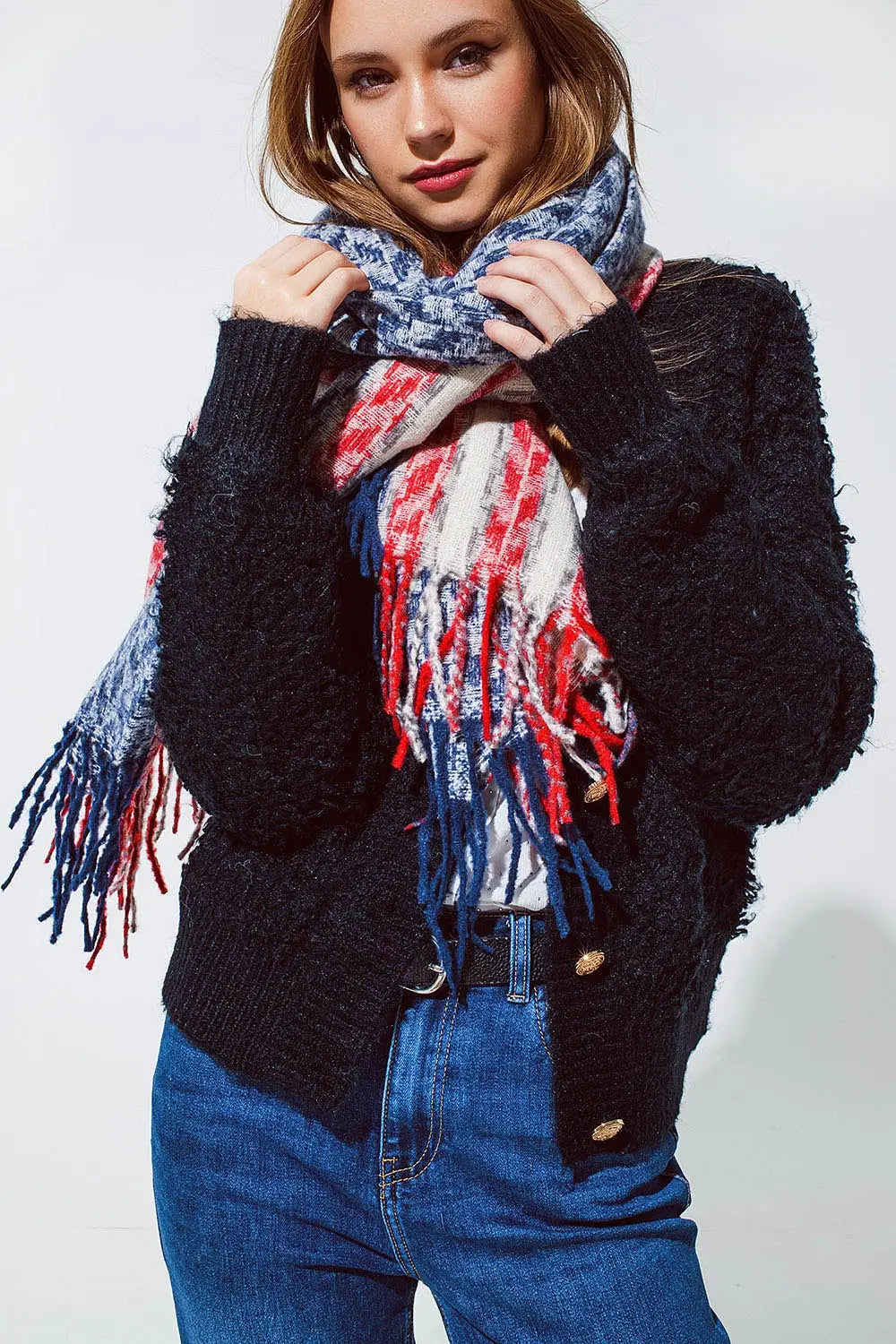 Houndstooth style americana Scarf in White Red and Blue - One Size / Blue - Scarves & Hats