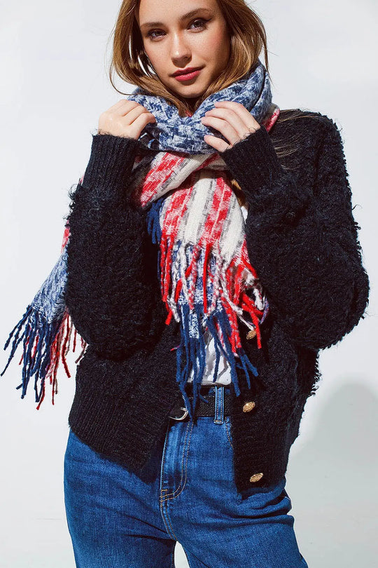 Houndstooth style americana Scarf in White Red and Blue - One Size / Blue - Scarves & Hats