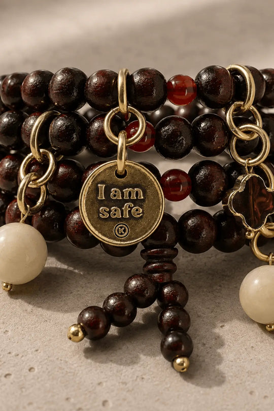 I Am Safe Heart Wood Boho Wrap Bracelet/Necklace