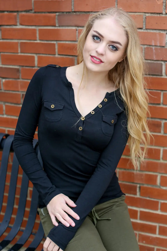 Black T-Shirt Henley - Melissa Jean Boutique