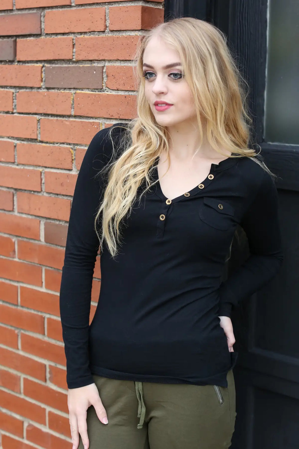 Black T-Shirt Henley - Melissa Jean Boutique