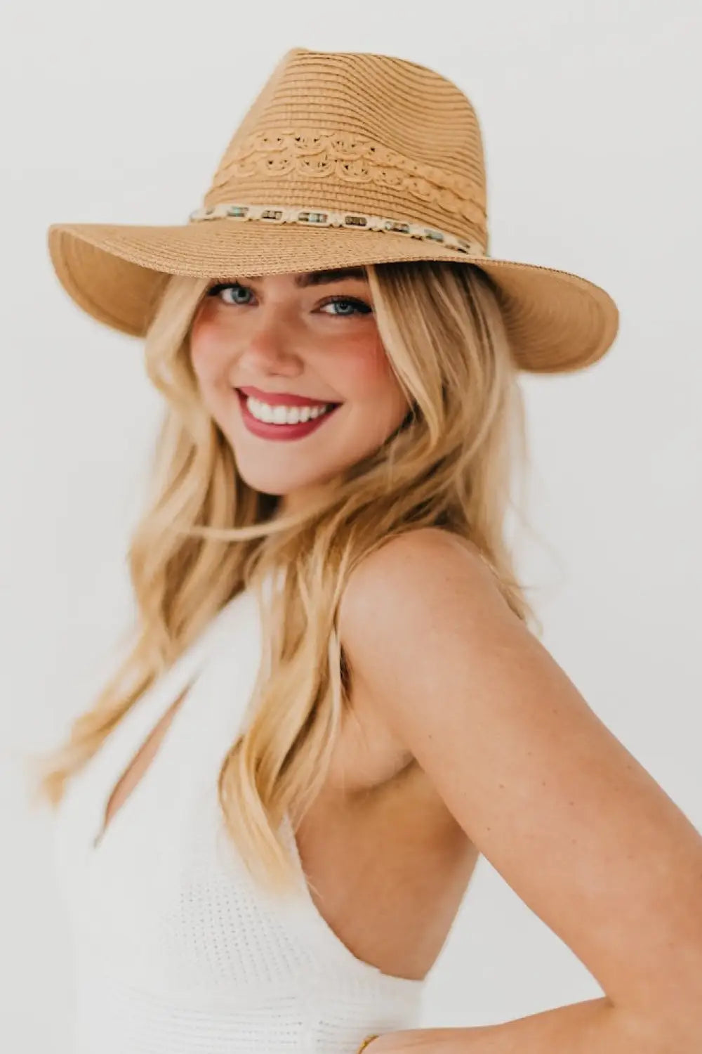 Isabella Woven Beaded Band Straw Sun Hat - Hat