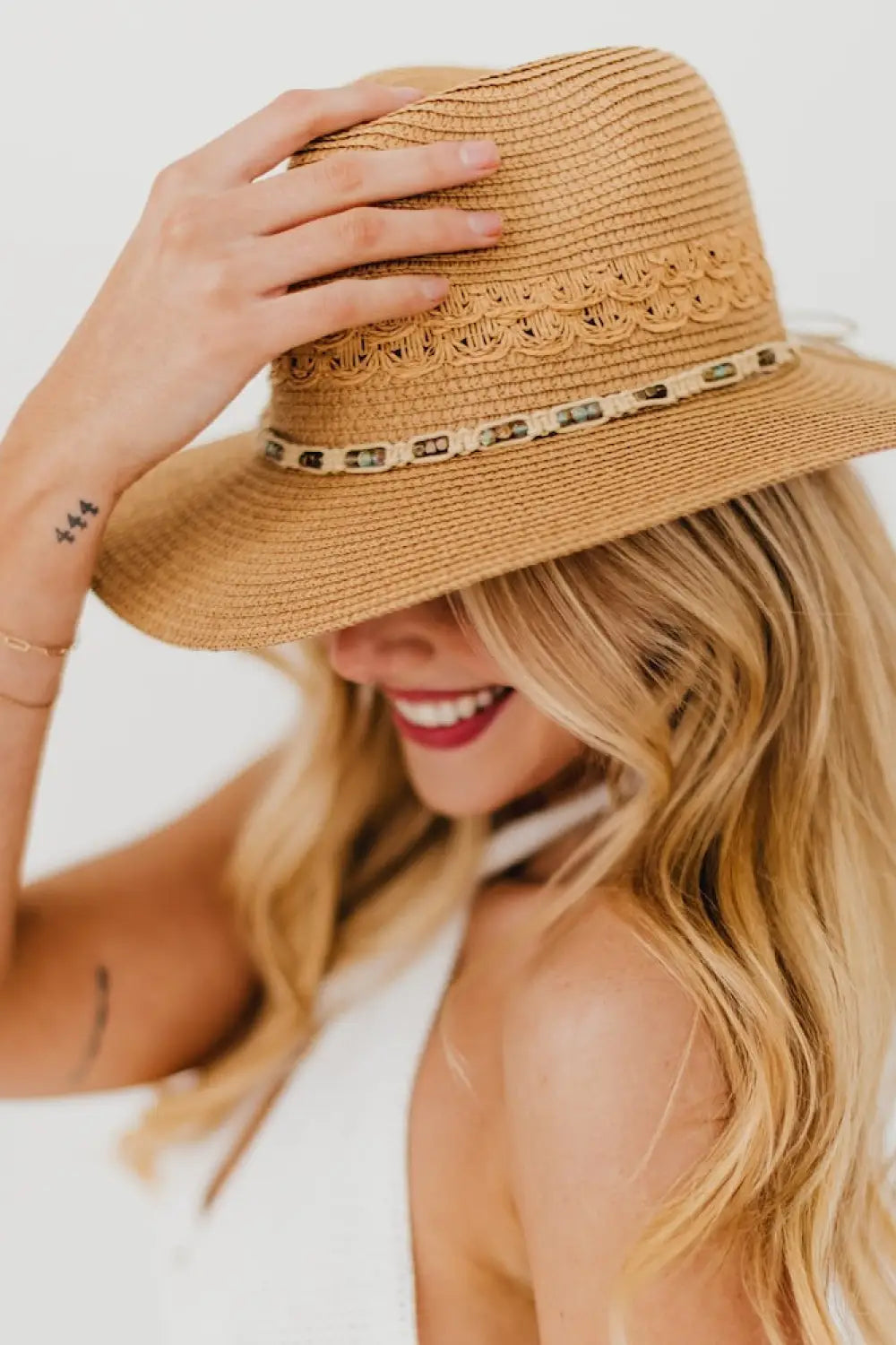 Isabella Woven Beaded Band Straw Sun Hat - Tan - Hat