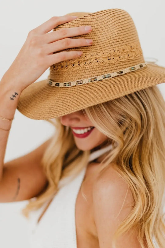 Isabella Woven Beaded Band Straw Sun Hat - Tan - Hat