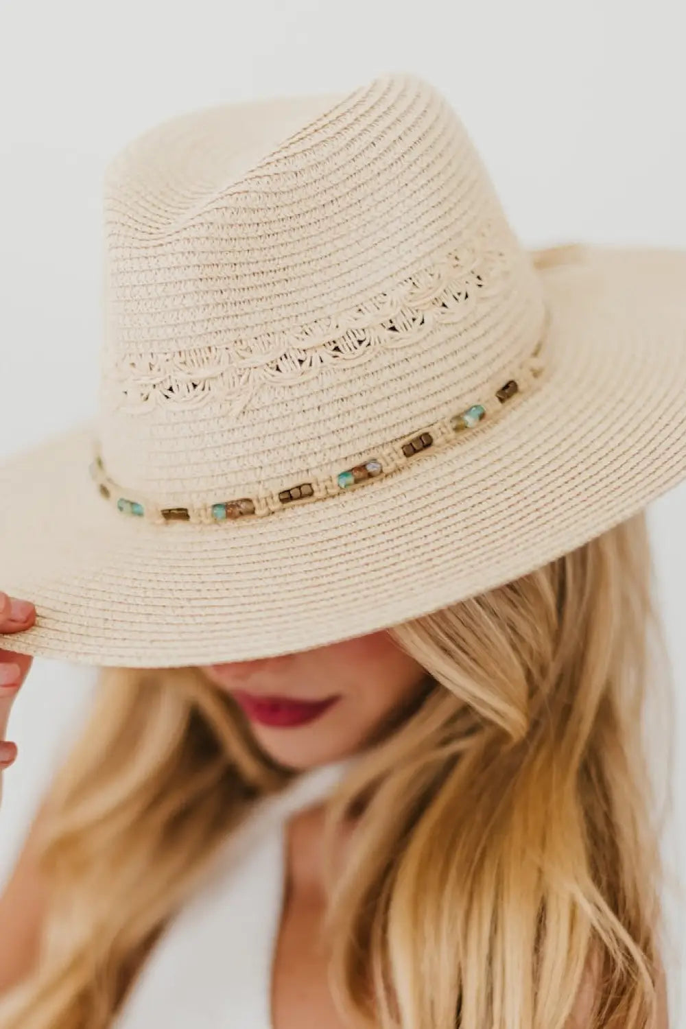 Isabella Woven Beaded Band Straw Sun Hat - Beige - Hat