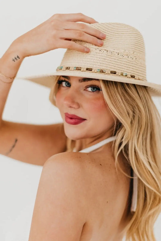 Isabella Woven Beaded Band Straw Sun Hat - Hat