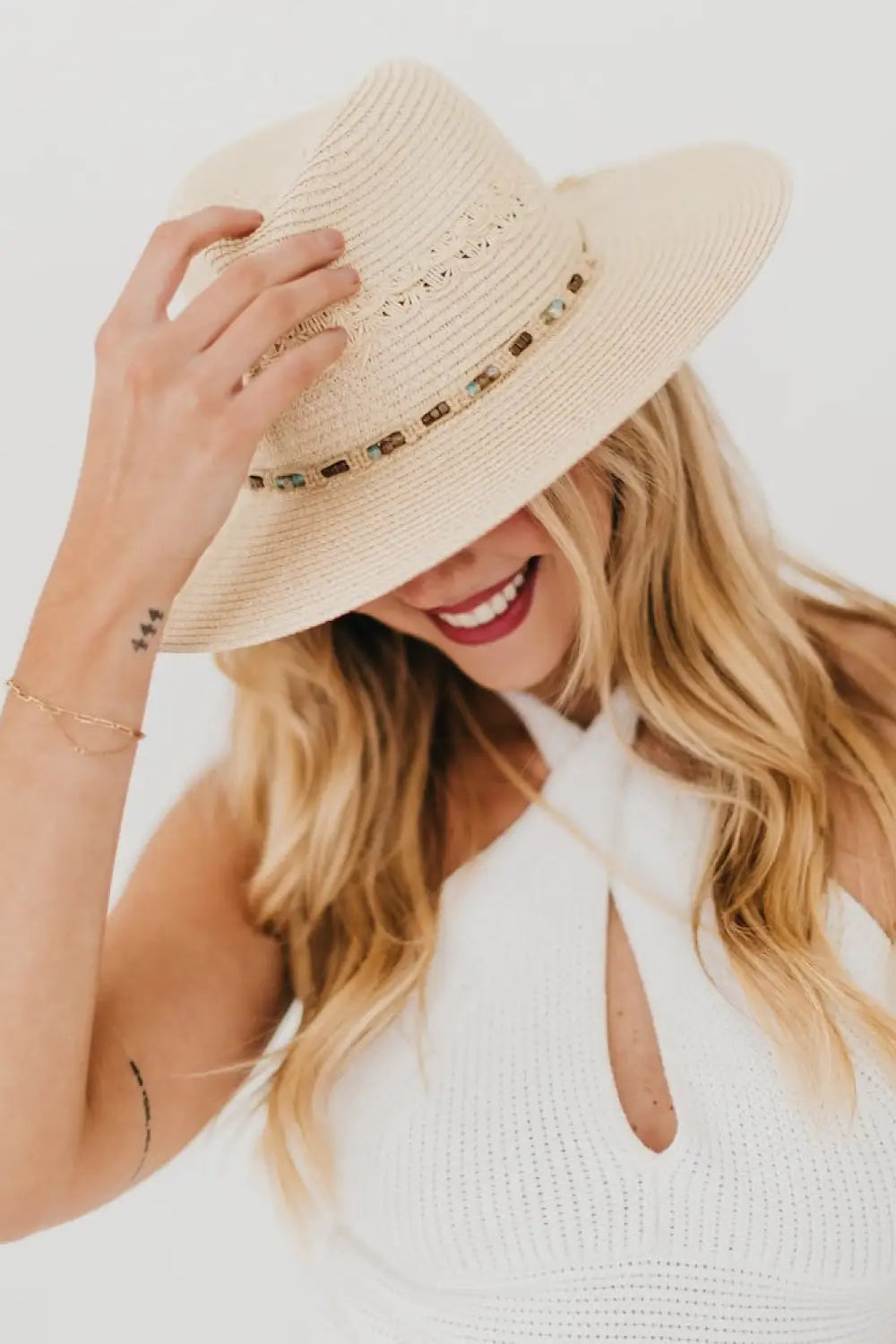 Isabella Woven Beaded Band Straw Sun Hat - Hat