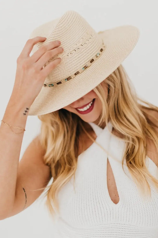 Isabella Woven Beaded Band Straw Sun Hat - Hat