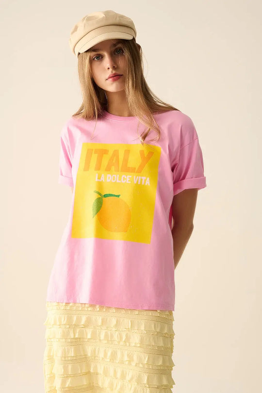 Q2 Italie La Dolce Vita T-shirt rose avec impression graphique