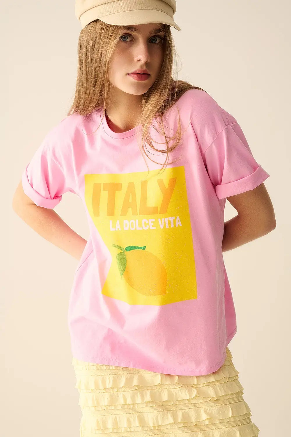 Italy La Dolce Vita Baby Pink T-shirt With Graphic Print - One Size / Pink - Tops