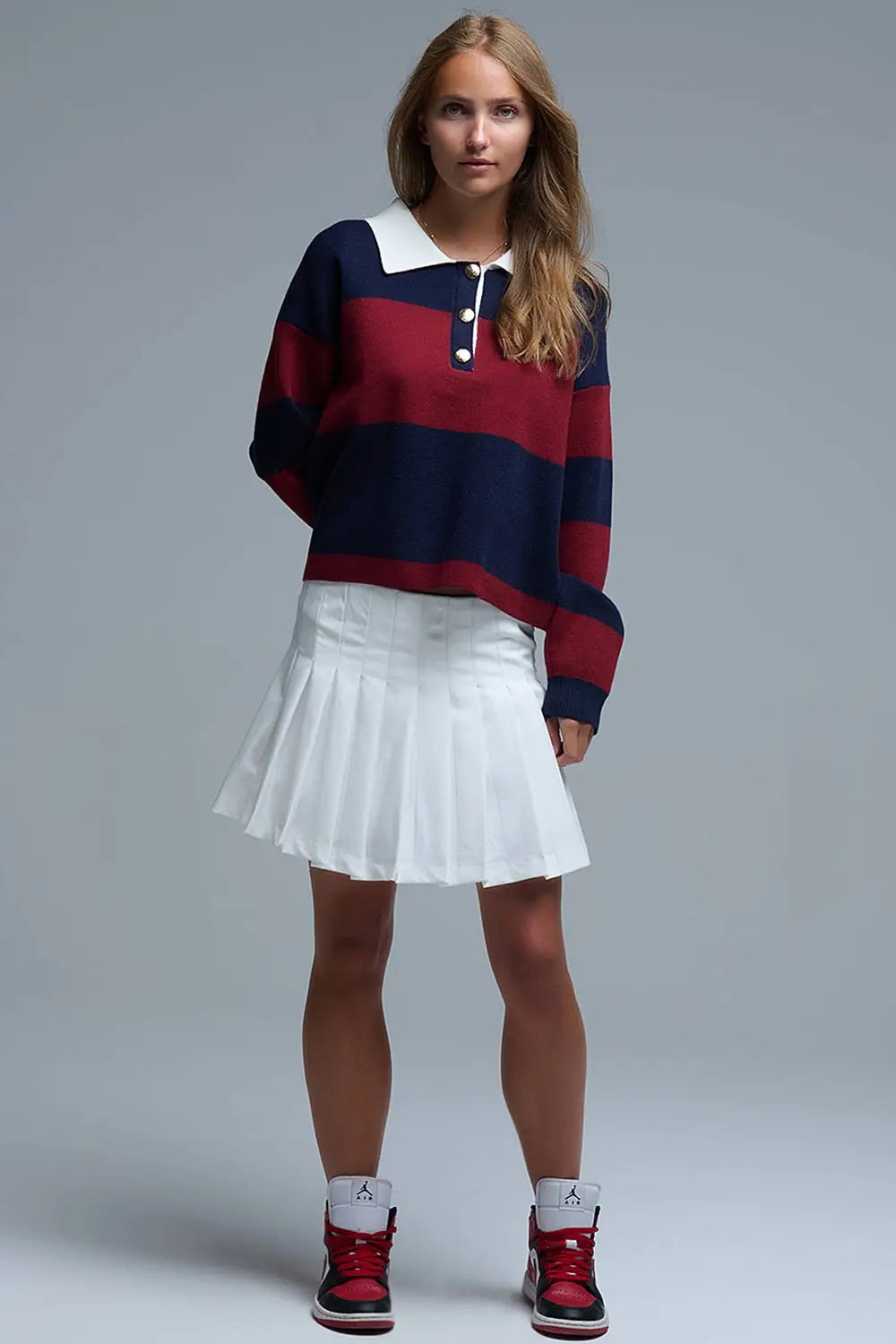 Ivy Striped Polo Sweater in Navy and Burgundy - One Size / Blue - Sweaters