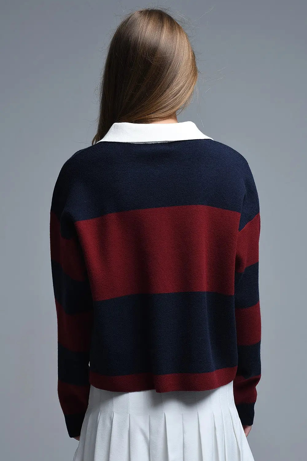 Ivy Striped Polo Sweater in Navy and Burgundy - One Size / Blue - Sweaters