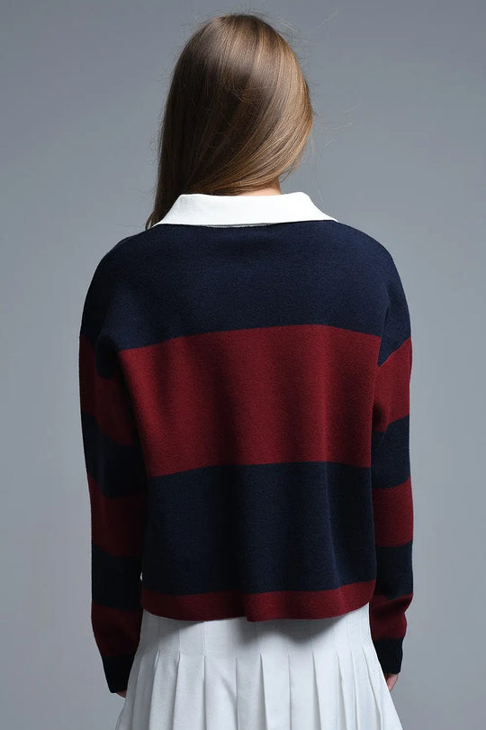 Ivy Striped Polo Sweater in Navy and Burgundy - One Size / Blue - Sweaters