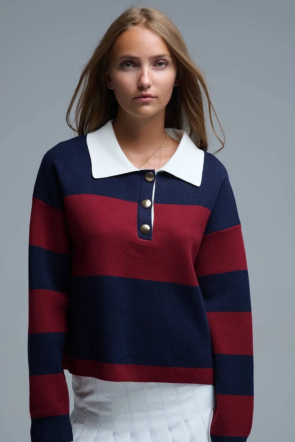 Q2 Ivy Striped Polo Sweater in Navy and Burgundy