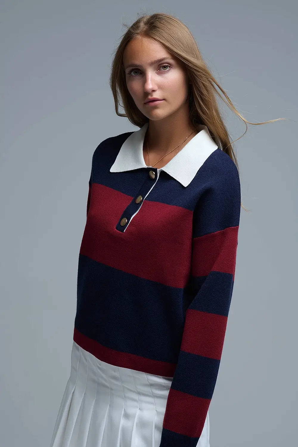 Ivy Striped Polo Sweater in Navy and Burgundy - One Size / Blue - Sweaters