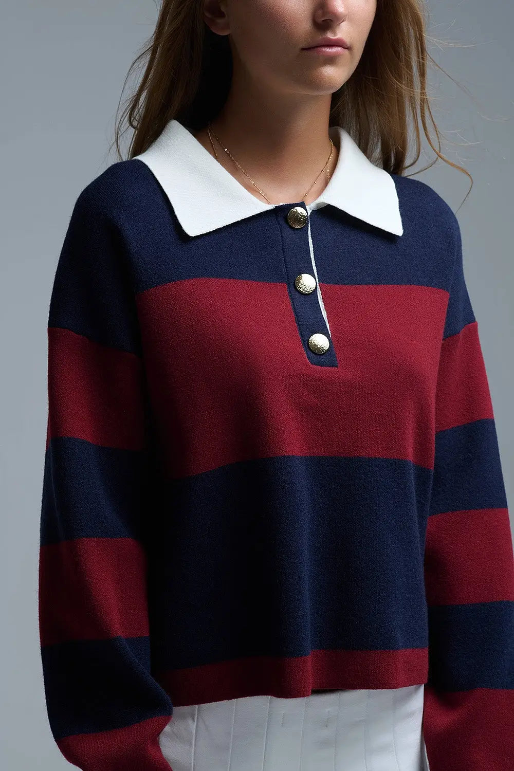 Ivy Striped Polo Sweater in Navy and Burgundy - One Size / Blue - Sweaters