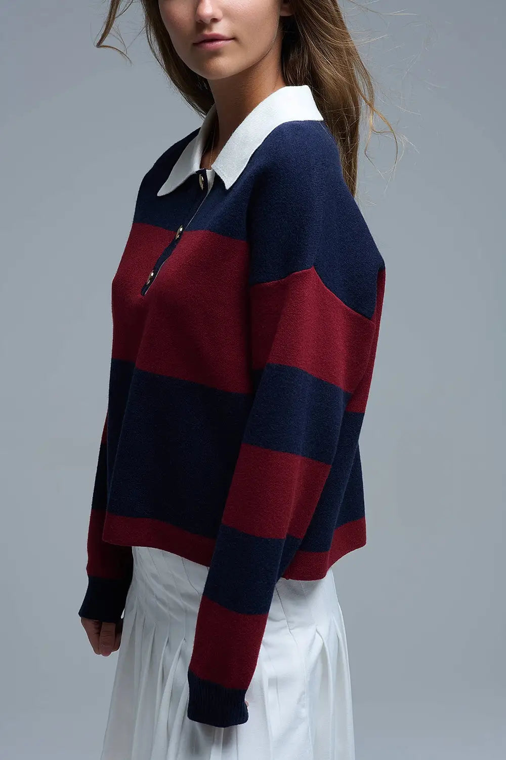 Ivy Striped Polo Sweater in Navy and Burgundy - One Size / Blue - Sweaters