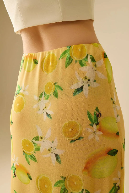 Jaune Jupe midi ajustée avec imprimé citron en tissu mesh - Jupes