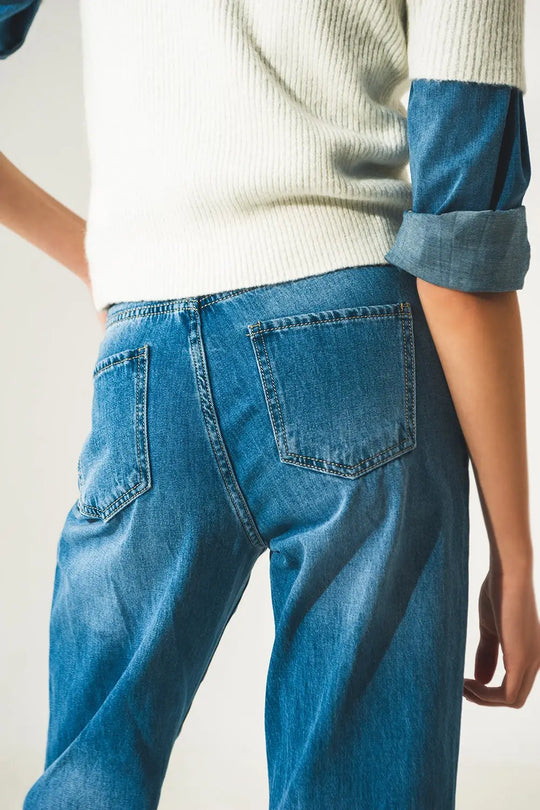 Jean à coupe droite avec pinces à la taille bleu moyen - Pantalons