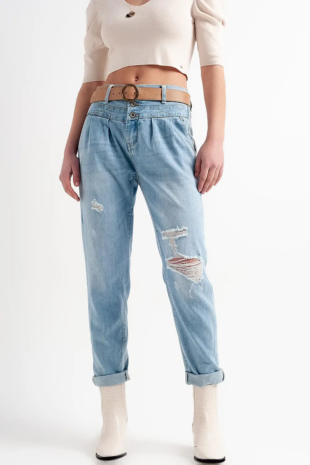 Q2 Jean à entrejambe bas en bleu délavé clair vintage avec déchirures