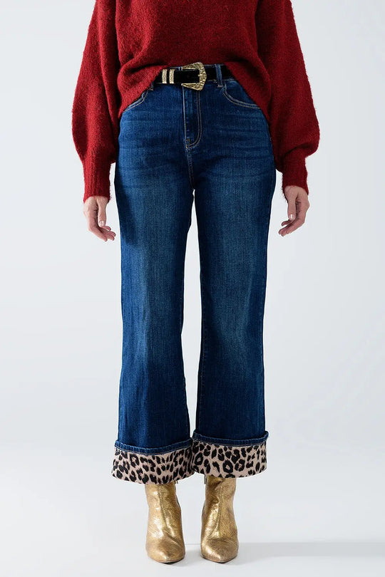 Jean à jambe large avec bande léopard au bas de la jambe - Pantalons