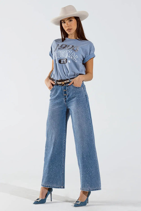 Jean à jambe large avec boutons apparents et détails de stras délavage moyen - Pantalons
