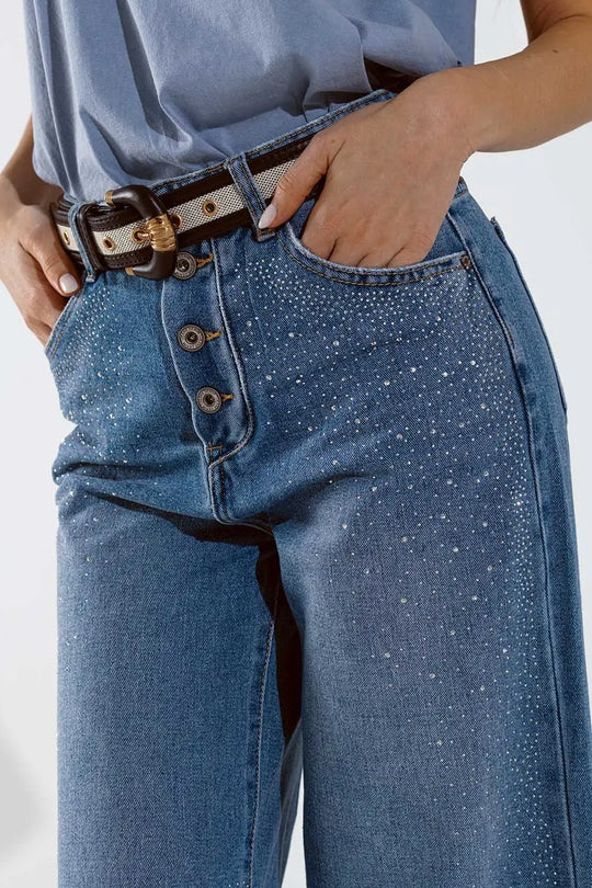 Jean à jambe large avec boutons apparents et détails de stras délavage moyen - Pantalons