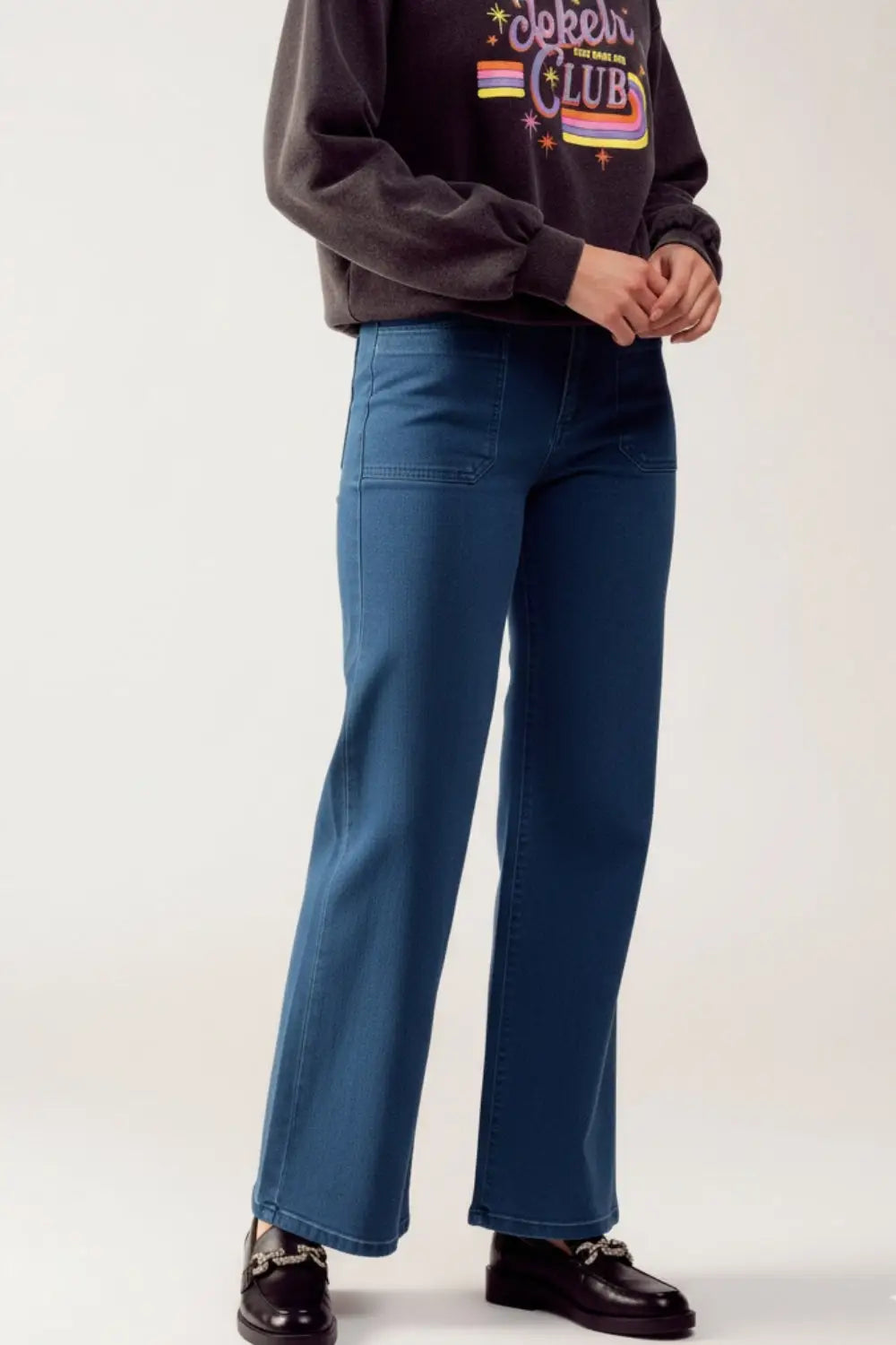 Jean à jambe large et à taille haute marine foncée - Pantalons