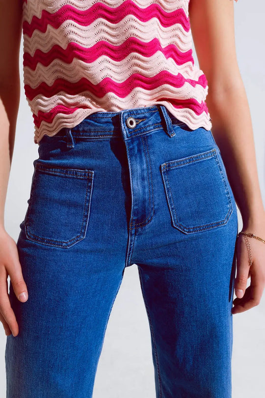 Jean à jambes droites avec poches sur le devant délavage moyen - Pantalons