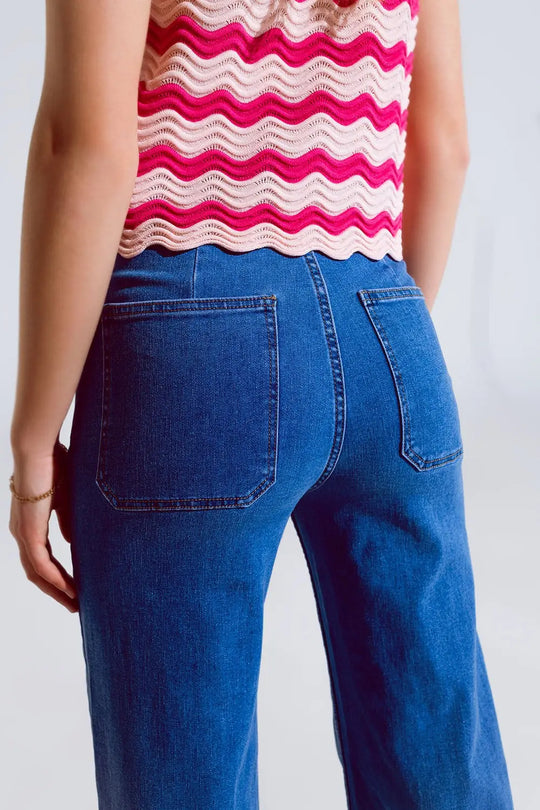 Jean à jambes droites avec poches sur le devant délavage moyen - Pantalons