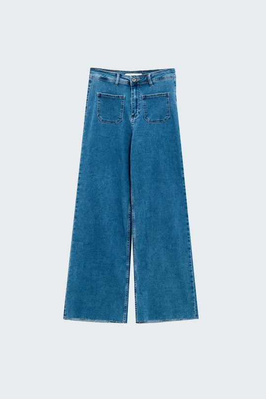 Jean à jambes droites avec poches sur le devant délavage moyen - Pantalons