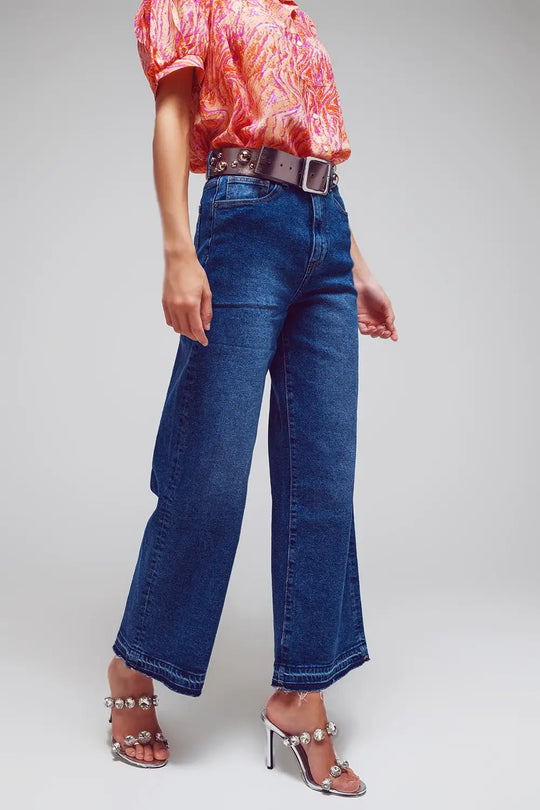 Jean à jambes larges avec détails d’ourlet en lavage moyen - Pantalons